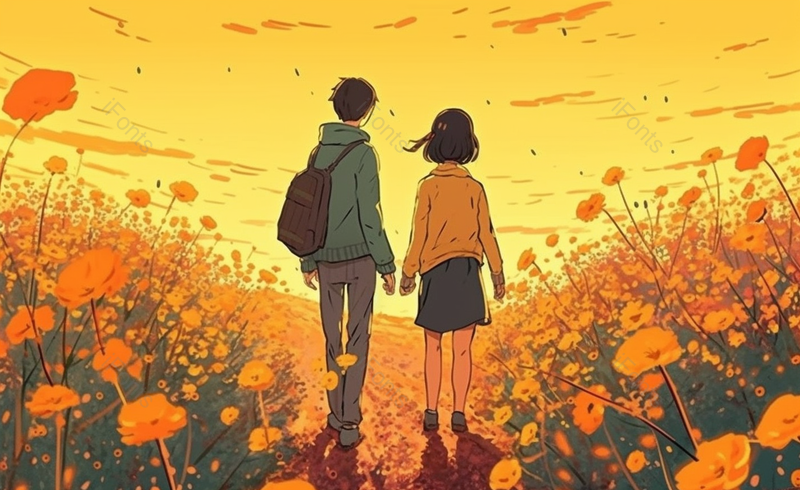 情侣散步橙色唯美插画展板背景图,插画/手绘图,插画/手绘图库,插画/手绘图下载,插画/手绘